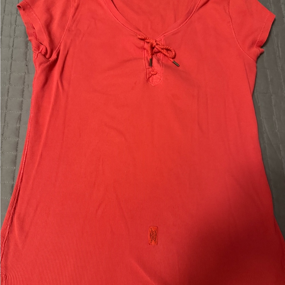 Lauren Ralph Lauren Coral Ribbed Tie-Detail Cap Sleeve Top